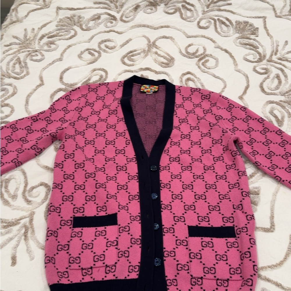 Gucci Pink and Black Knit Cardigan with Signature Label
